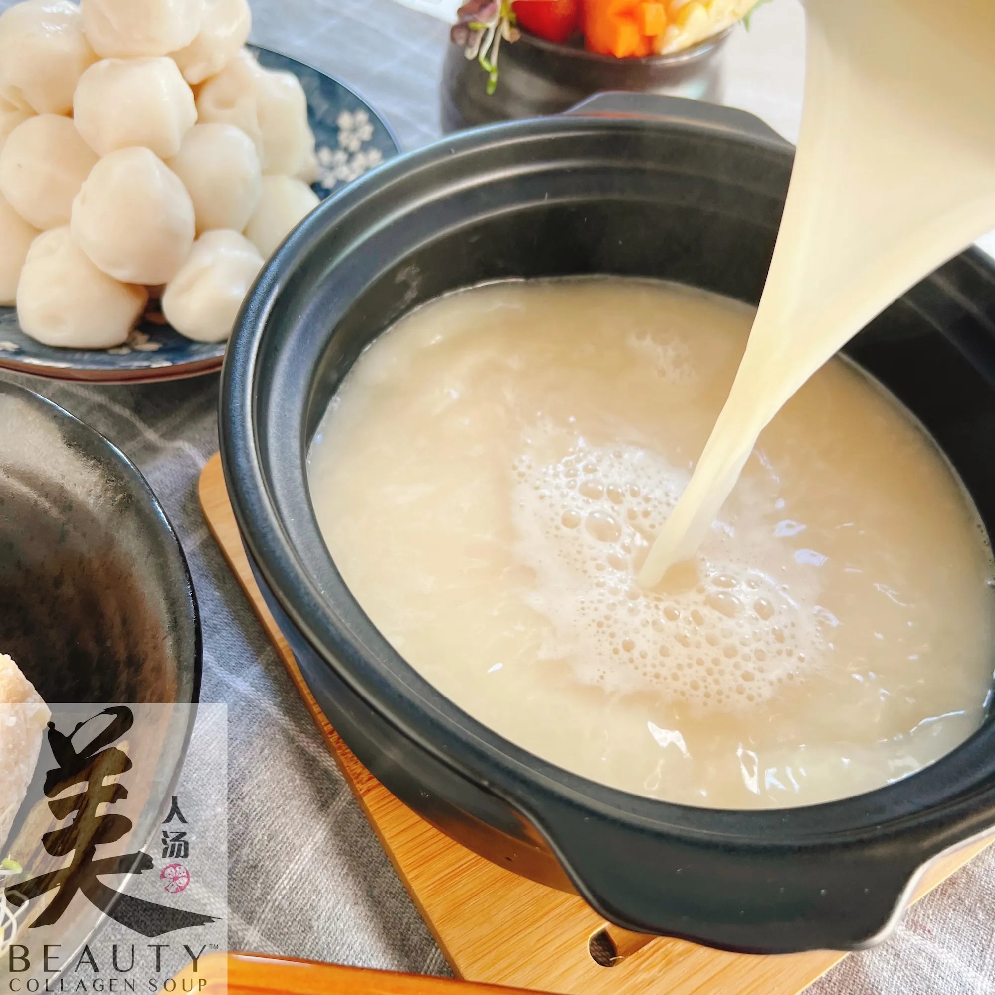 Beauty Collagen Soup 美人汤 pork bone collagen broth poured into claypot, Singapore steamboat soup base