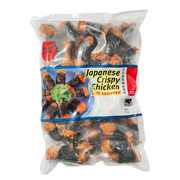 Packaged Japanese crispy chicken with seaweed on a white background