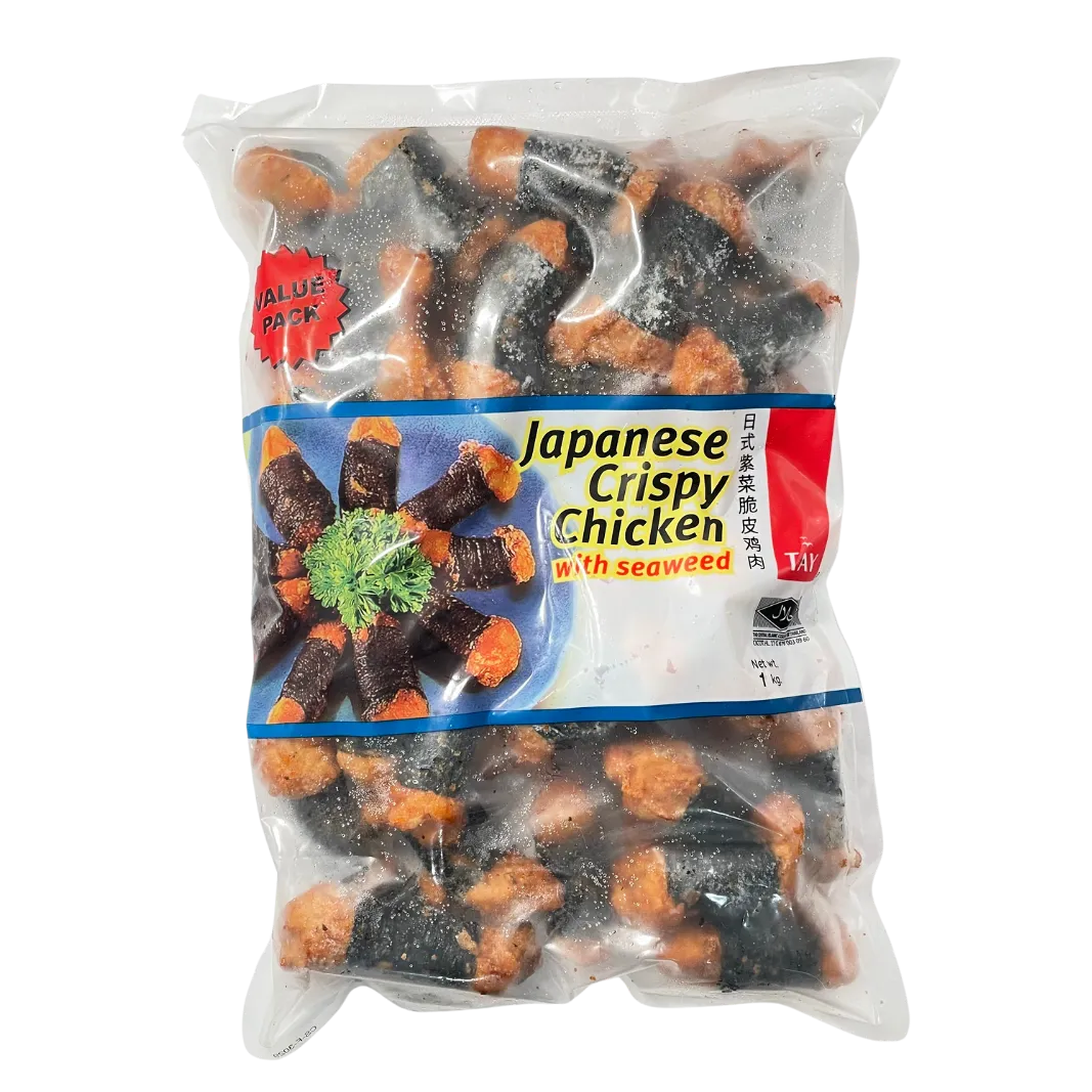 Packaged Japanese crispy chicken with seaweed on a white background