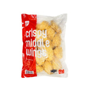 Packaged crispy chicken wings with a red and white label on a white background