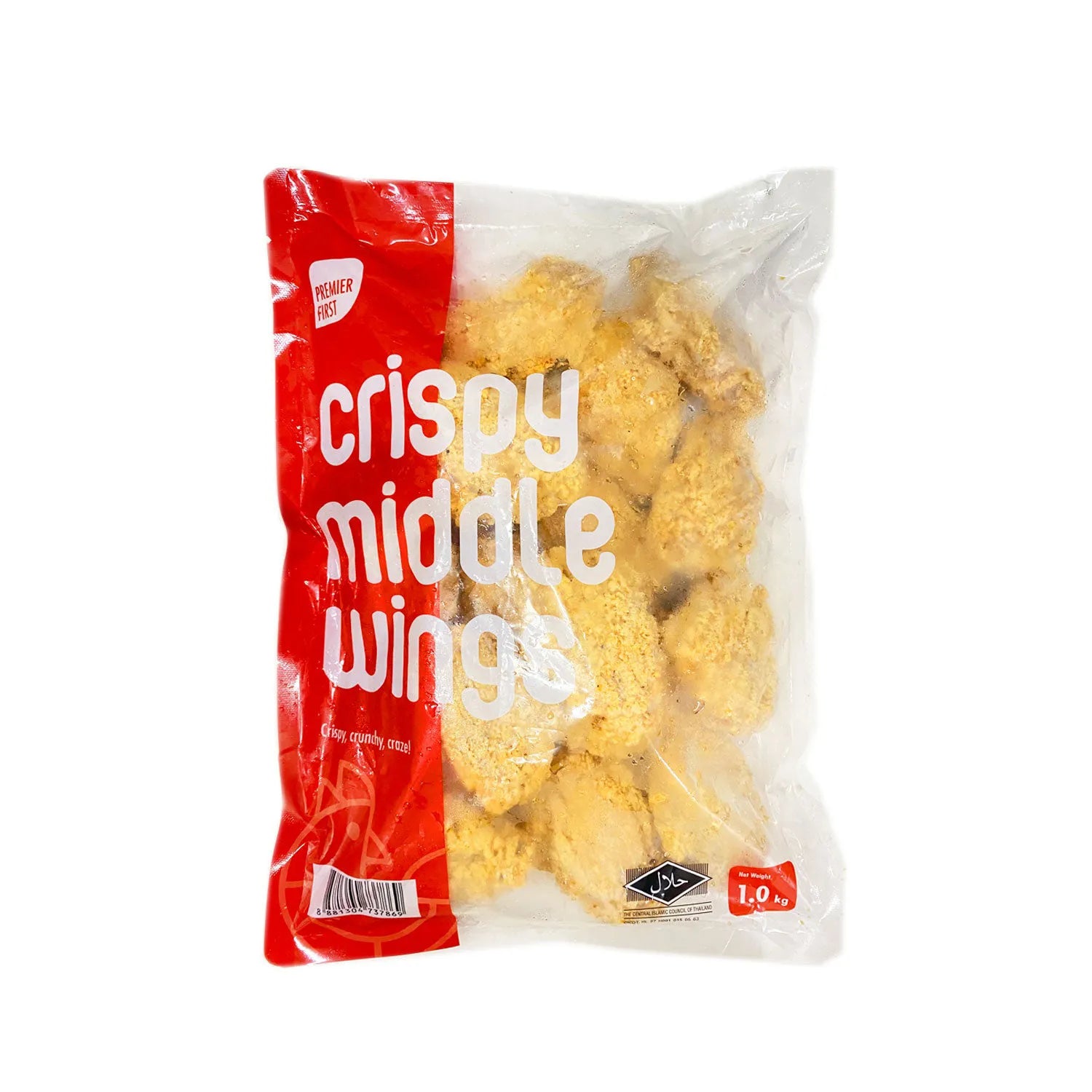 Packaged crispy chicken wings with a red and white label on a white background